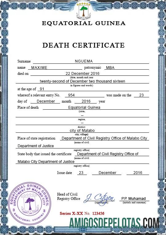 Certidão de Óbito da Guiné Equatorial Psd amostra